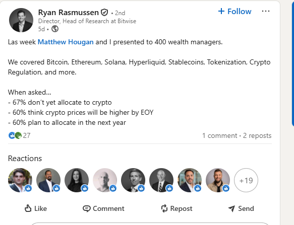 Wealth Managers Show Crypto Interest Despite a 67% Allocation Gap