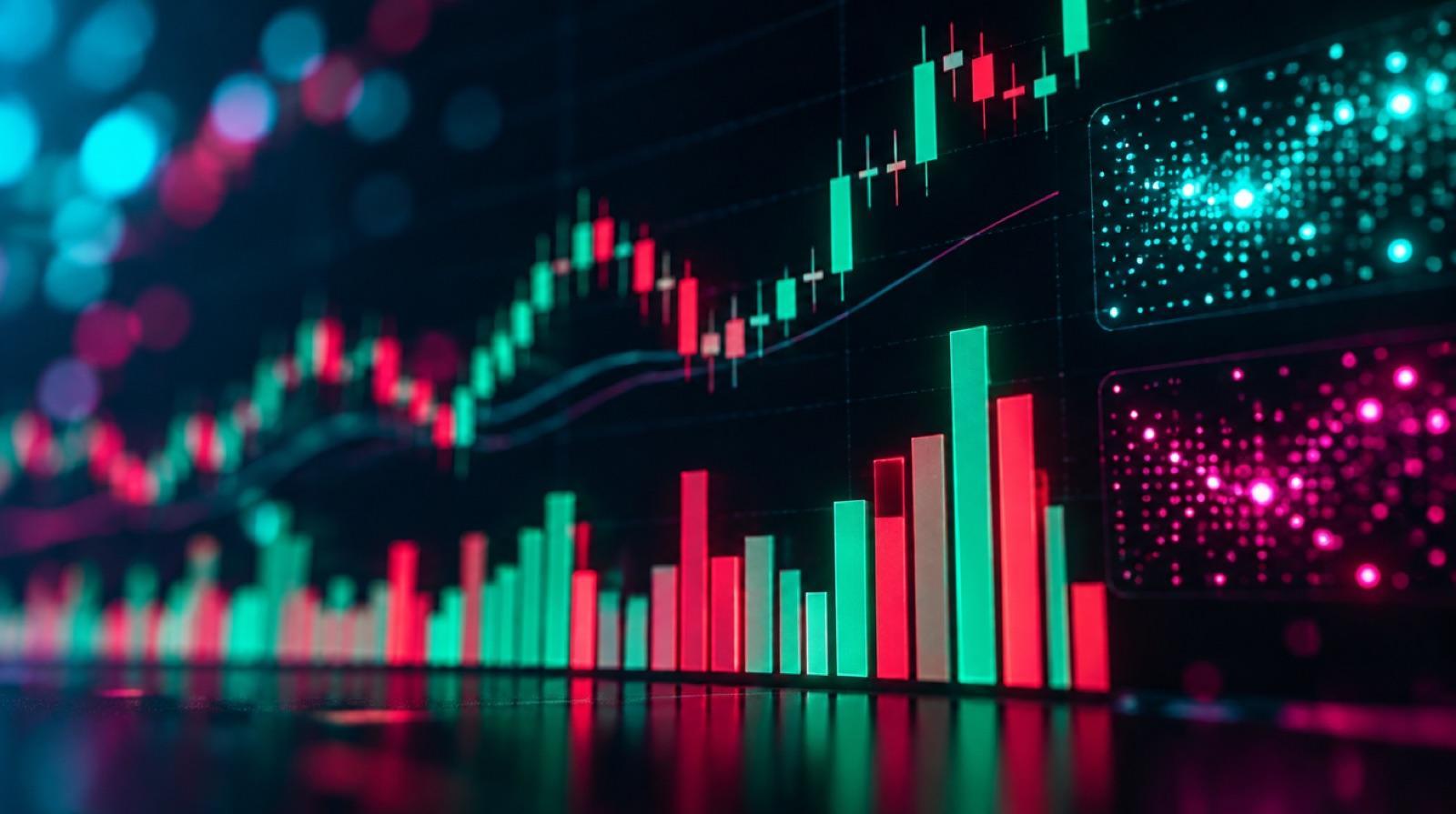 Close-up of a dark trading chart with green and red volume bars
